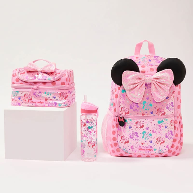 Smiggle Disney Bow Minnie Mouse Kids Backpack for Primary School Students Pink Cartoon Backpack with Lunch Bag