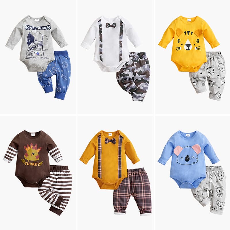 Autumn Spring Baby Boy Girl Cartoon Two Piece Set Clearance Long Sleeve Infant Suit European American Style Newborn Outwear Clothes