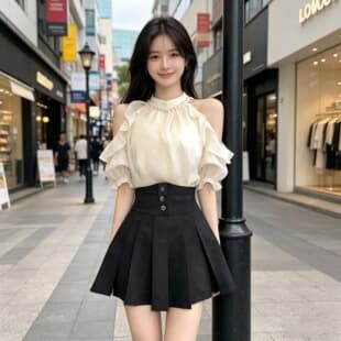 French Chic Sheer Chiffon Top with Off-Shoulder Puff Sleeves, Paired with Skirt Set