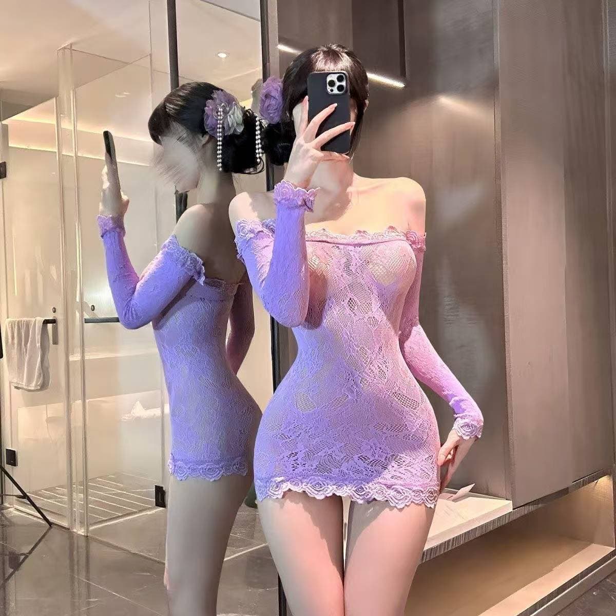 Purple Sexy Lingerie, Sexy One-Shoulder Lace Nightclub Pure Lust Hottie Tube Top Mesh Dress, Hip Skirt, Tearable Pajamas