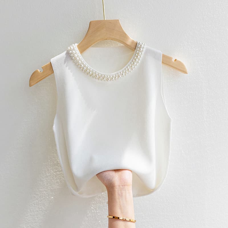 Camisole Women's White Sleeveless Base Layer Spring and Summer Style Inner Wear with Suit Beaded Knitted Top