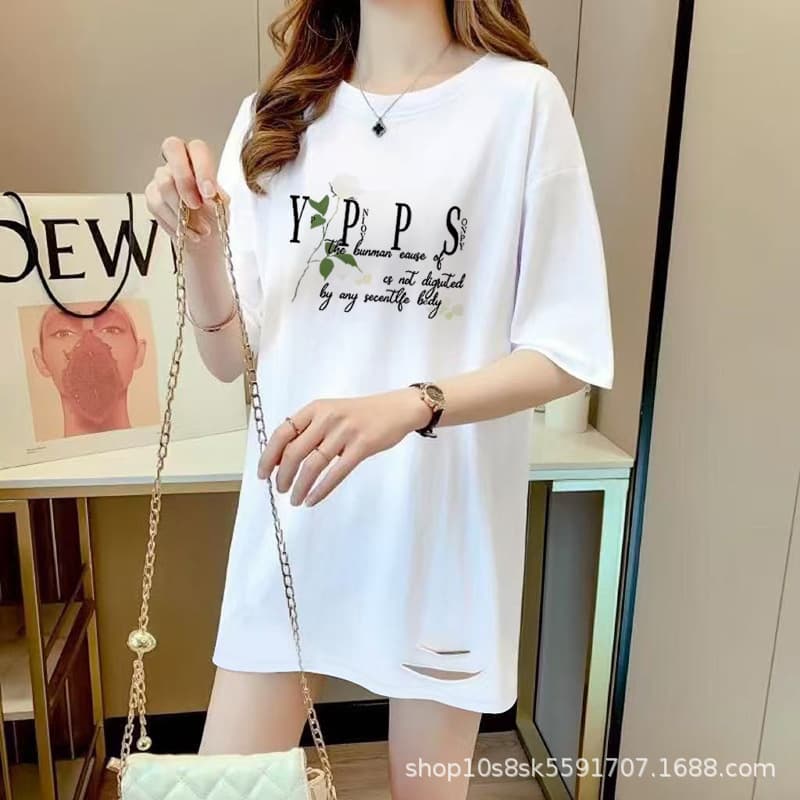 Round Neck White T-Shirt for Women, Mid-Length Base Layer, 2026 New Style, European Fashion Oversized Tee, Ripped, Versatile, Trendy