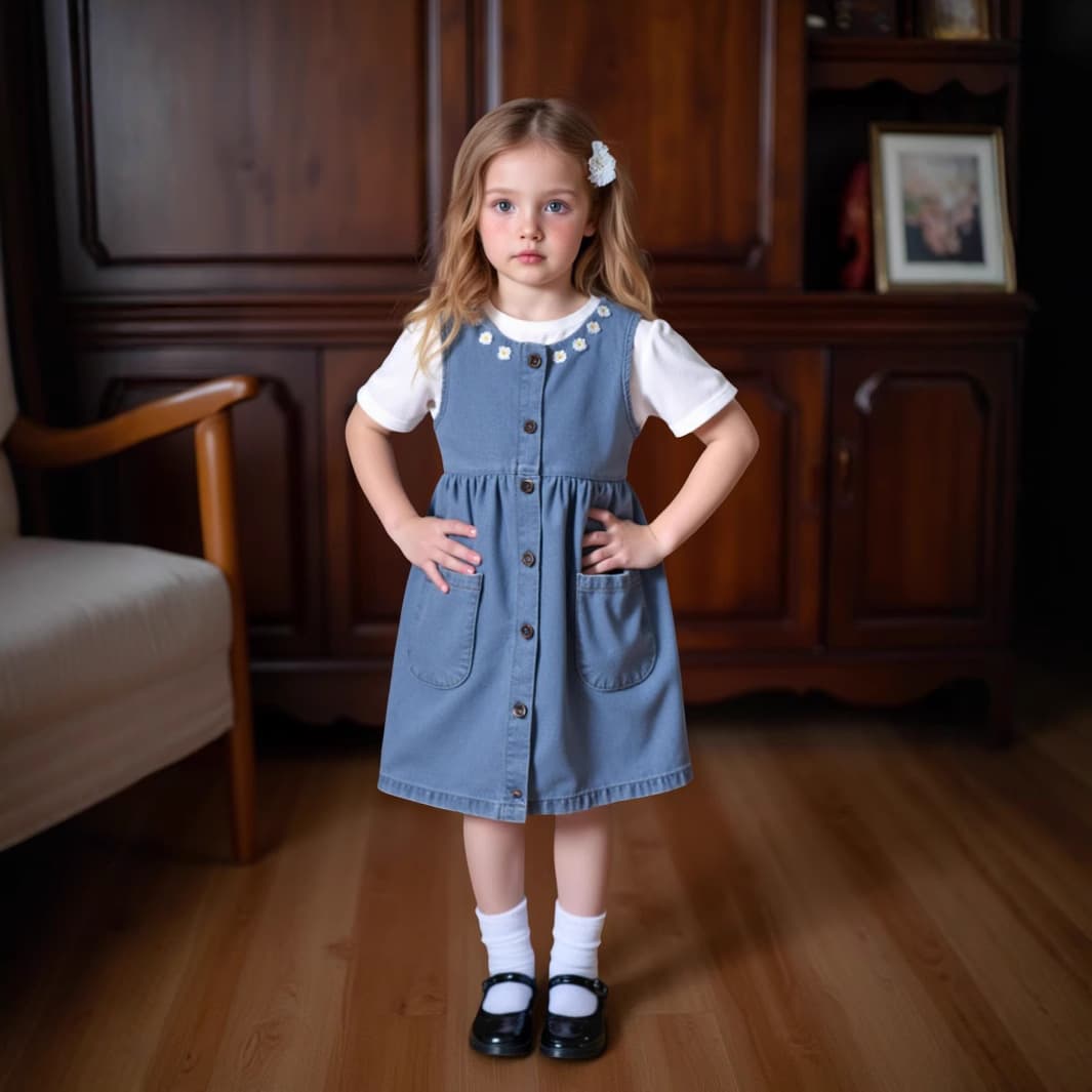 Little Girl Cute Set with White T-Shirt Short Sleeve Top and Sleeveless Button-Down Denim Dress