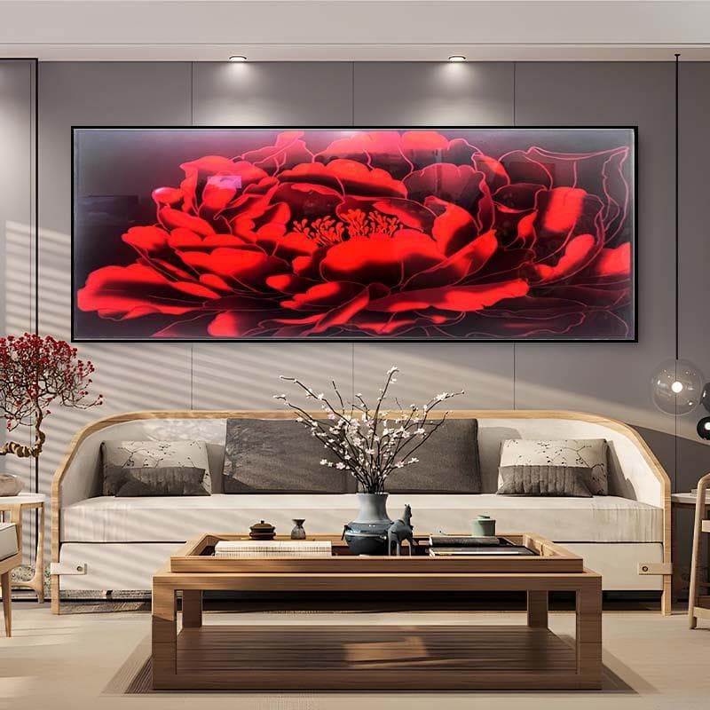 Crystal porcelain and diamond-encrusted decorative painting for living room, aluminum alloy frame background wall hanging, peony flower symbolizing wealth and prosperity (100-200).