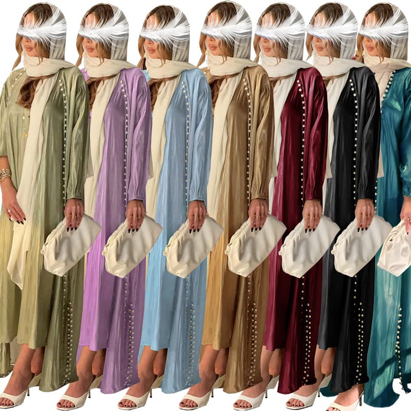MQ048 2026 Modest Fashion Bright Silk Satin Dress with Bubble Beads Solid Color Two-Piece Set