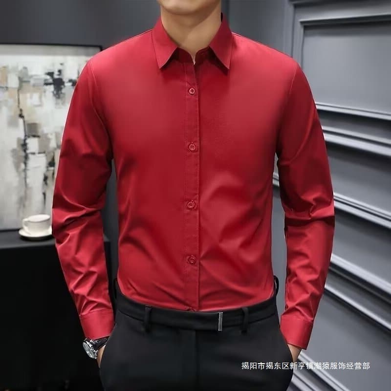 Men's Wedding Dress Shirt Black Gray Slim Fit Business Formal Wrinkle-Resistant Long Sleeve Suit Shirt
