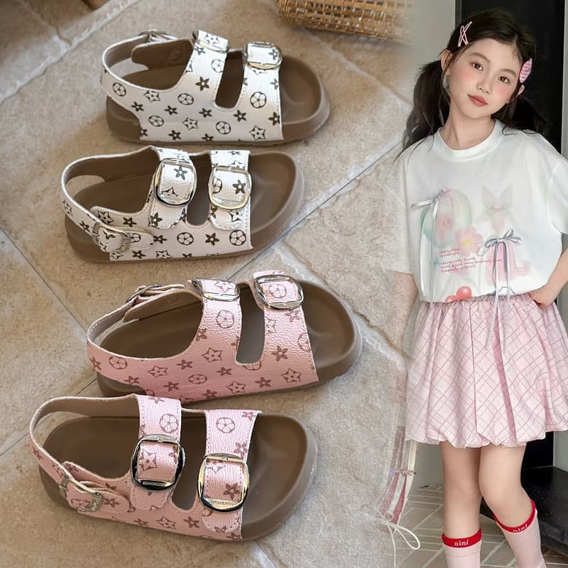 2026 New Summer Style Girls' Sandals, Korean Double Buckle Printed Beach Shoes, Soft-Soled Comfortable Children's Sandals for Small and Medium-Sized Kids
