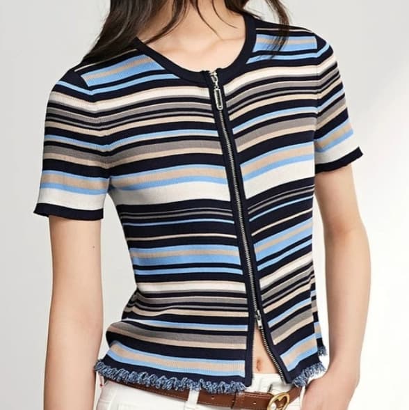 La Chapelle Fashion Design Casual Vintage Striped Elastic Ribbed Knit Cardigan Short Sleeve Top