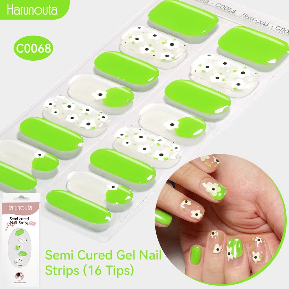 Harunouta UV Semi-Cured Gel Manicure Stickers Green Flower Semi-Baked Manicure Stickers Phototherapy Flash Nail Stickers