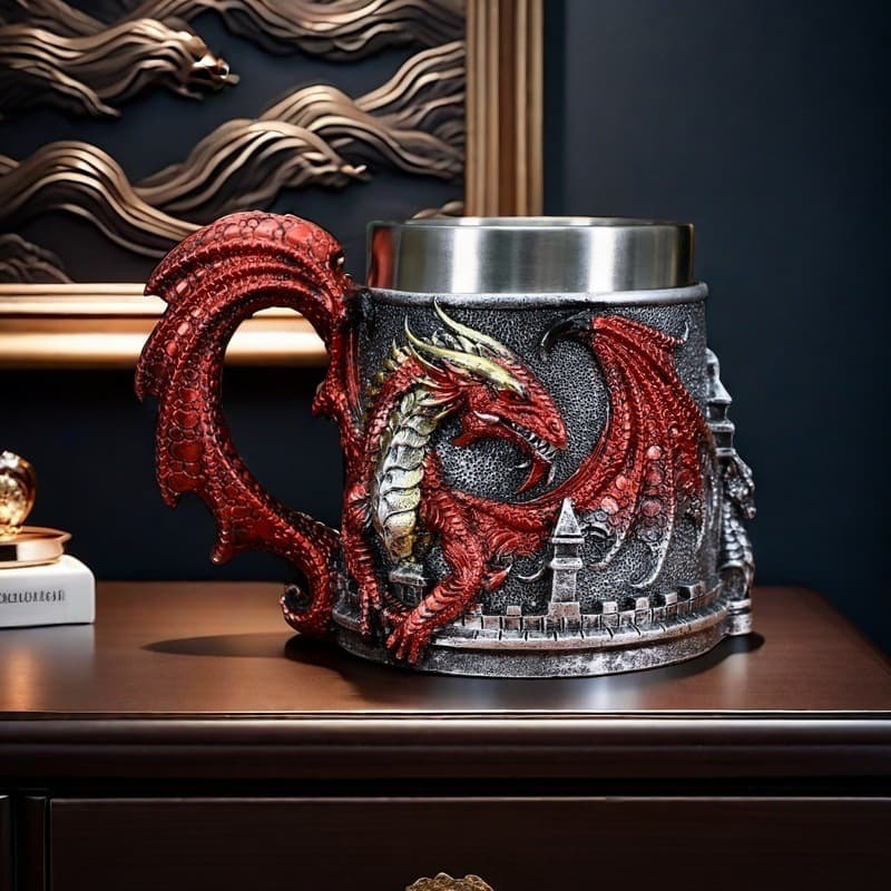 Cross-border new European pterosaur castle shape 3D three-dimensional carving resin stainless steel wine glass home bar decoration