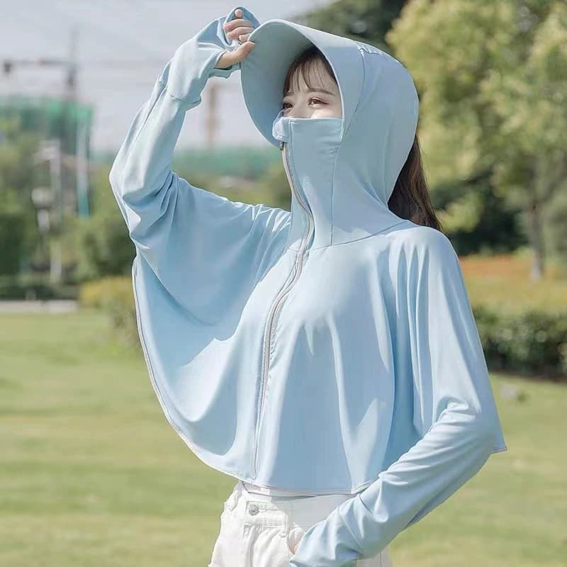 Women's Long-Sleeve Sun Protection Hoodie, New Ice Silk Breathable UV Jacket, Summer Thin Style with Large Visor for Cycling
