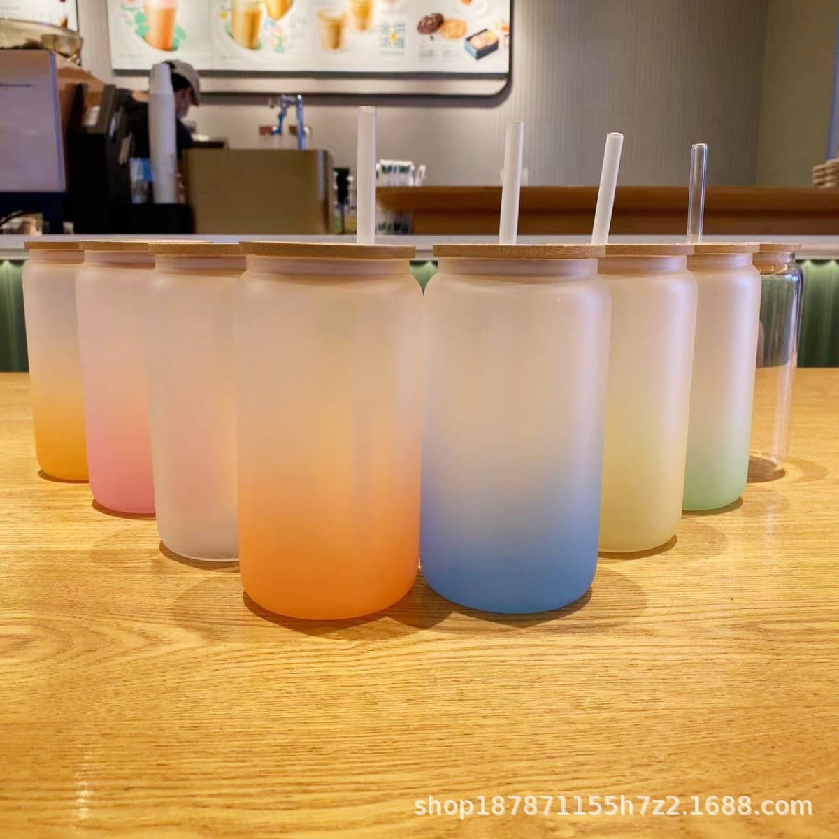 Cross-border Mason Jar Sublimation Single-layer Thickened Frosted Gradient Borosilicate Glass Jar Water Cup with Bamboo Lid and Straw for Outdoor