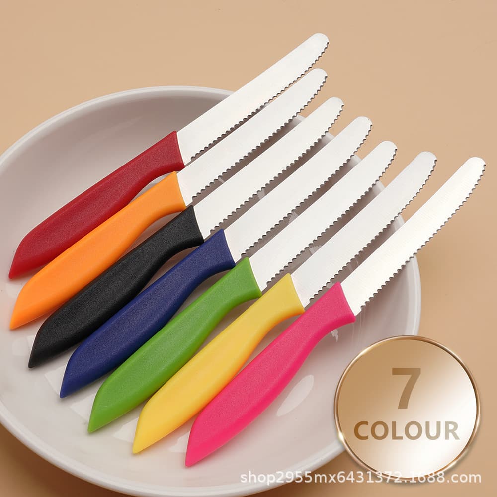 Cross-border hot seller kitchen household steak knife plastic handle stainless steel steak round tip pointed tip fruit steak knife stock