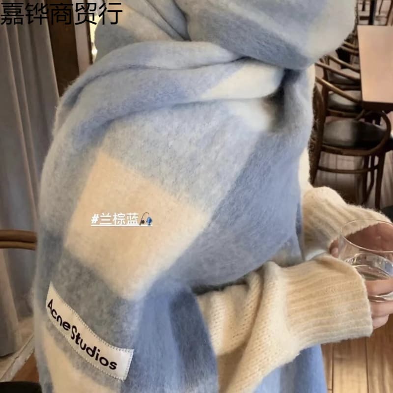 Autumn/Winter New Thickened Warm Rainbow Plaid Scarf with European/American Loop Yarn and Chunky Tassel Color-block Shawl