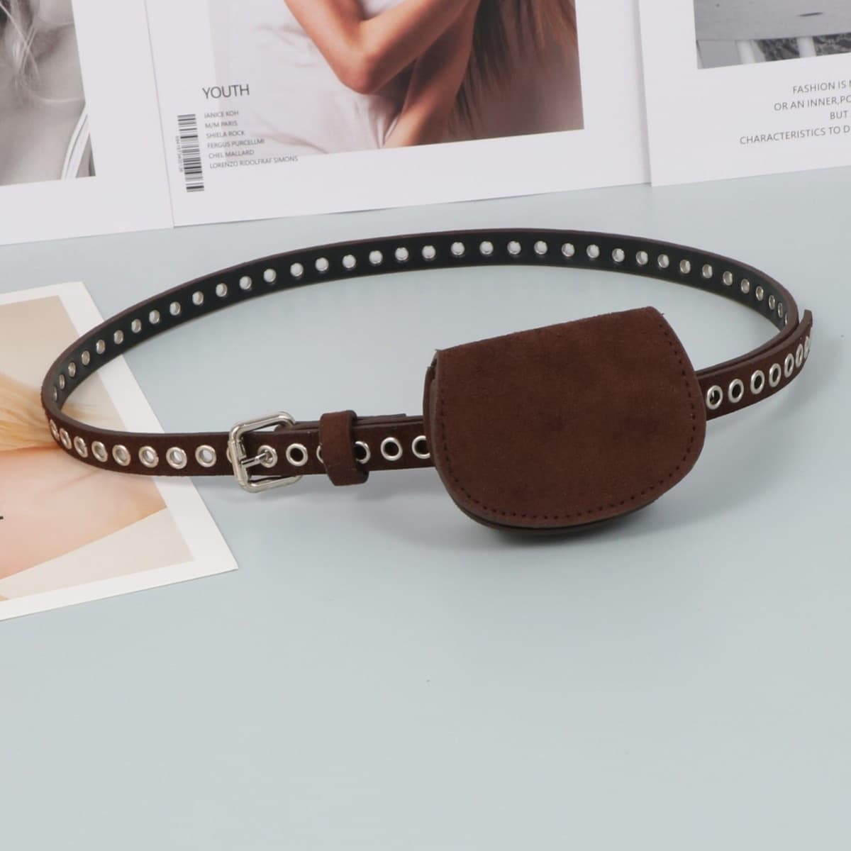 Children and adults buckskin frosted suede semi-circular waist bag with steam eyelet belt to hold keys and decorate the bag