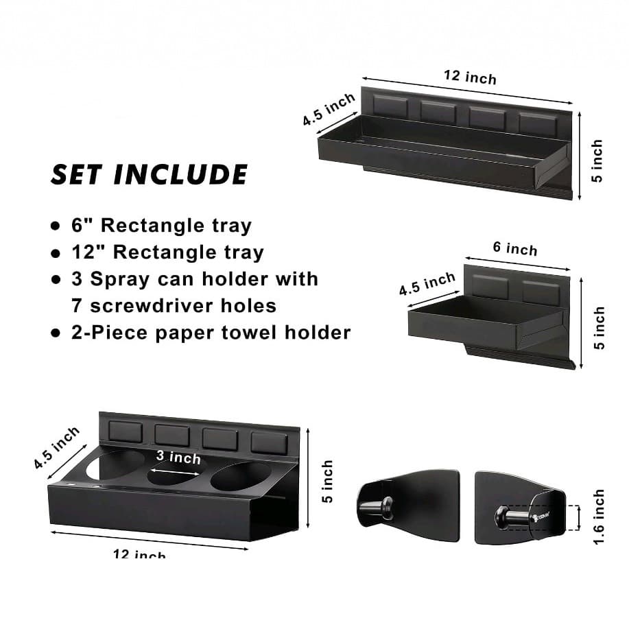 4-piece magnetic toolbox tray set, tool organizer, 2 trays, jar rack, tissue holder (black)