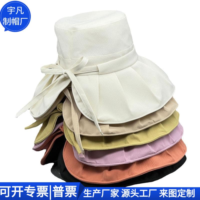 Wavy wide-brim bucket hat, Japanese versatile manufacturer back-slit cap, bow outdoor face-covering basin hat factory