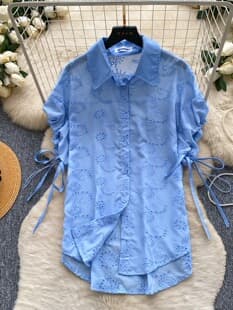 Commute Top for Women 2026 Summer Light Mature Fashion Drawstring Design Heavy Craft Lace Embroidery Loose Cardigan Shirt