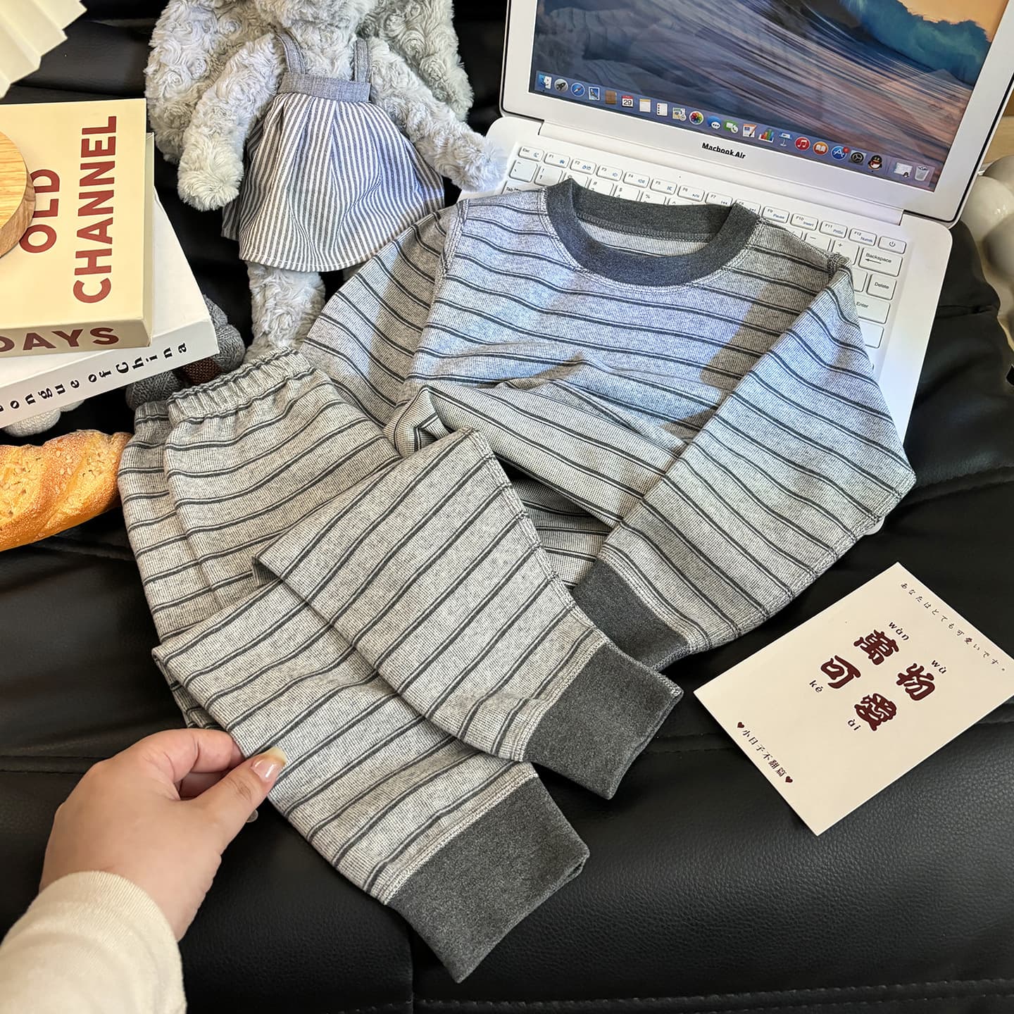 Children's Soft Cotton Fleece Underwear Set, Boys and Girls Thermal Long Sleeve Top and Bottom, Striped Trendy Homewear for Middle and Big Kids