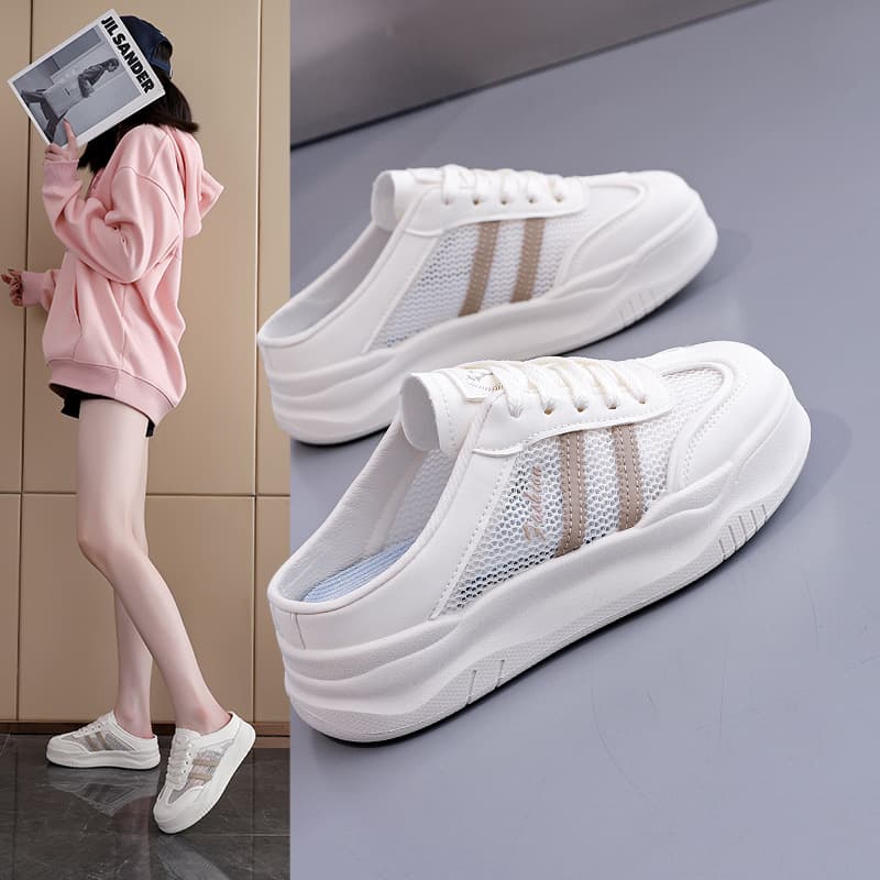 Women's Half-Slip White Shoes, Flat Sole, Outdoor Wear, Summer 2026 New Style, Casual Mesh, Closed-Toe Slippers for Pregnant Women, Model 5908-1