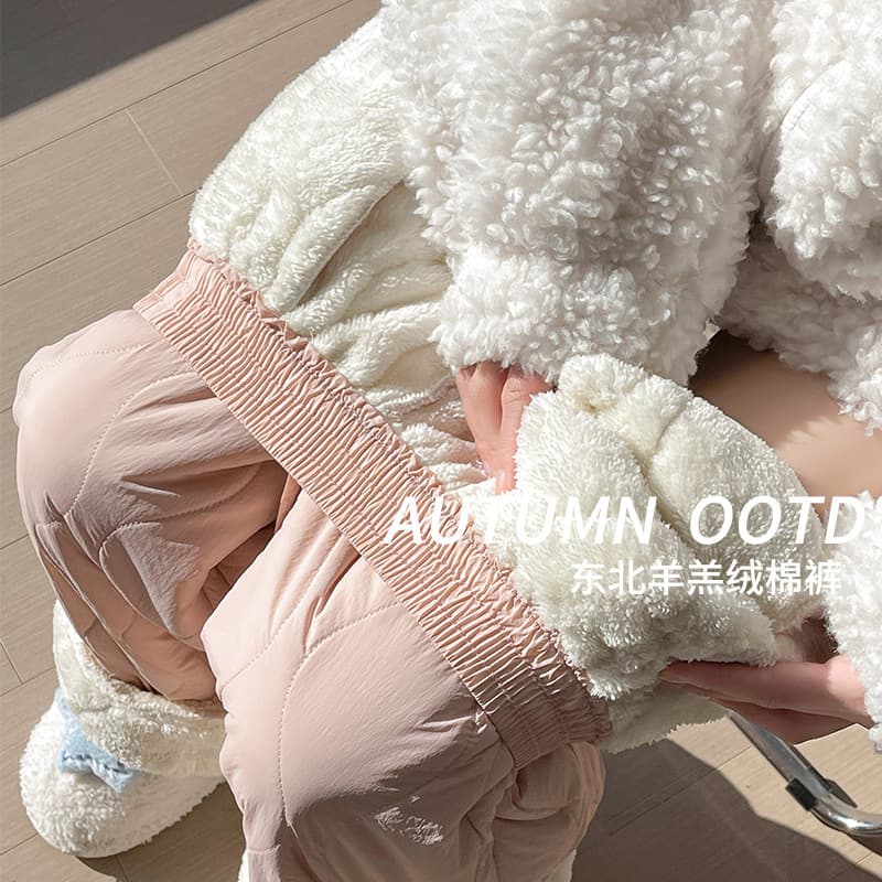 Pink Sherpa Fleece Northeast Cotton Pants Women Autumn Winter Harbin Outfit Cold Weather Casual Warm Lined Wide Leg Pants