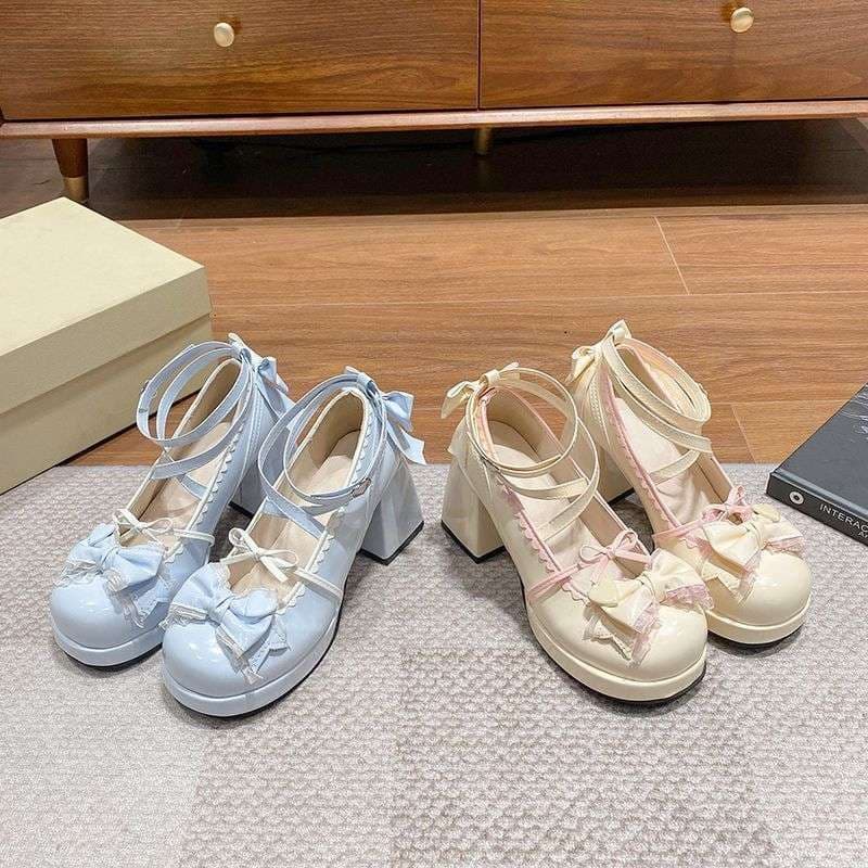 Original Lolita style chunky heel platform blue Japanese soft girl sweet and cute bow shoes for women