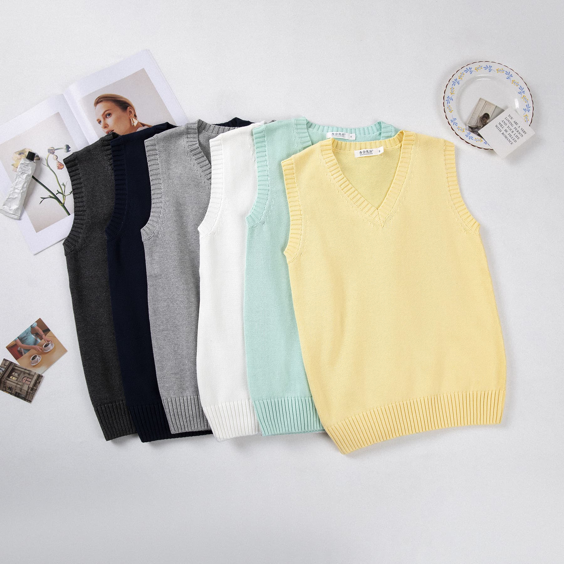 Petite Academic Best Seller Basic Solid Color Versatile Commute JK Vest Sweater Thin Layering Pullover Knit Vest