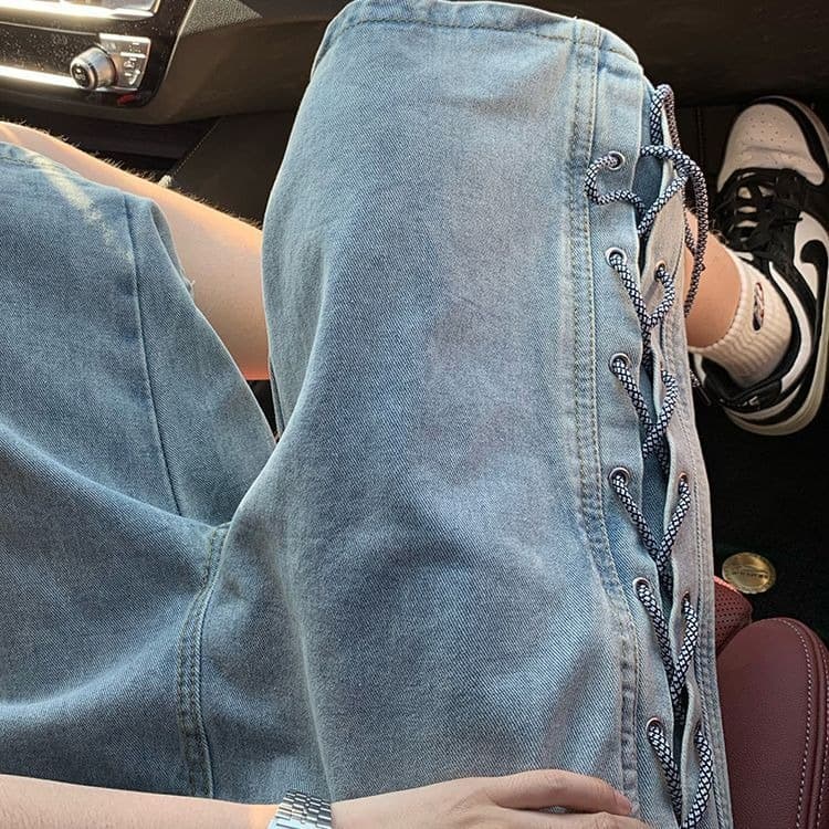 Blue Braided Rope Denim Shorts for Men Summer American Rogue Style High-End Casual Retro Straight-Leg 5-Inch Shorts
