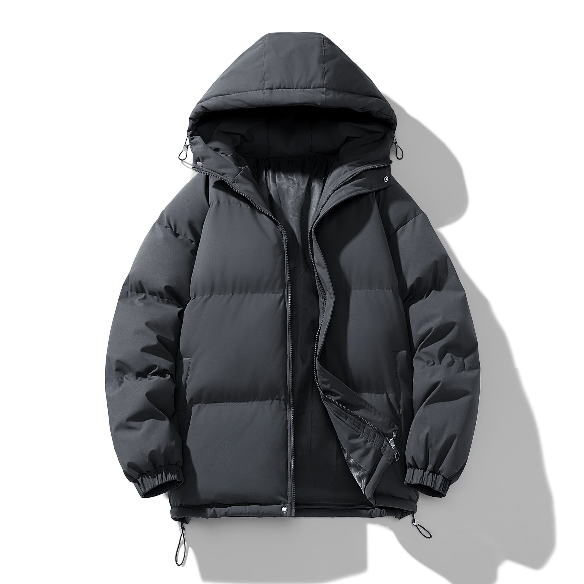 Men's Winter Puffer Jacket Solid Color Hooded Cotton Coat, Unisex Couple Style, Bread Jacket