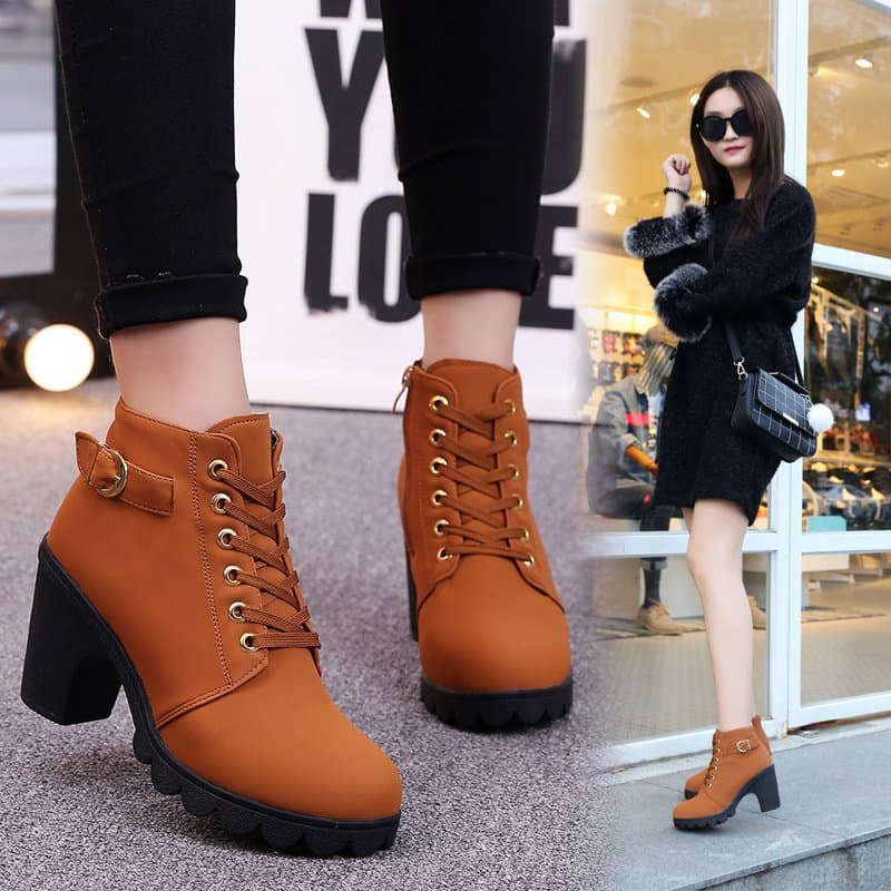 Autumn High Heel Single Boots Women's Shoes Thick Heel Short Boots Round Head Martin Women's Lace-up Bare Knight