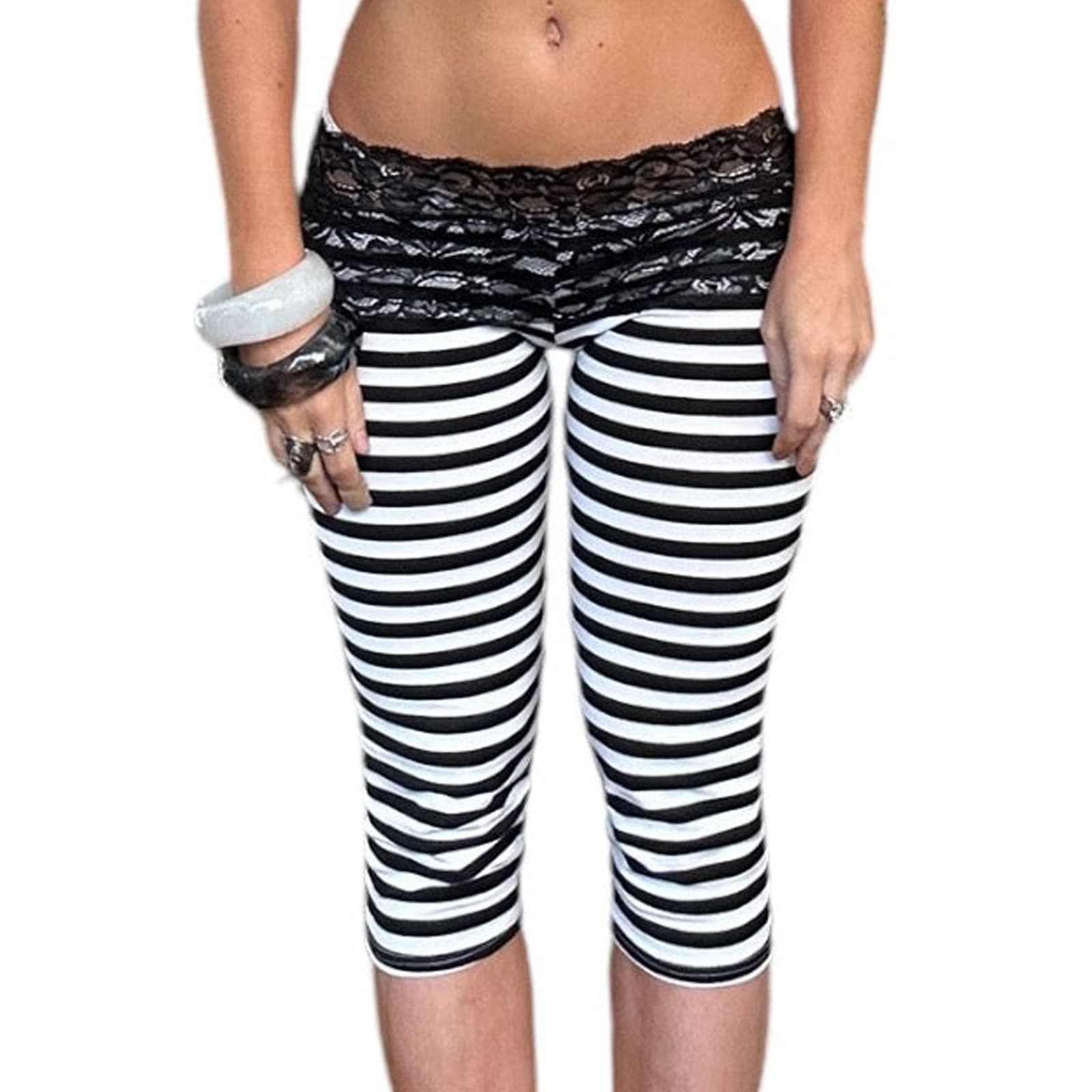 New European and American Striped Lace Waistband Capri Leggings High Elastic Slimming Versatile Mid-Length Shorts for Women