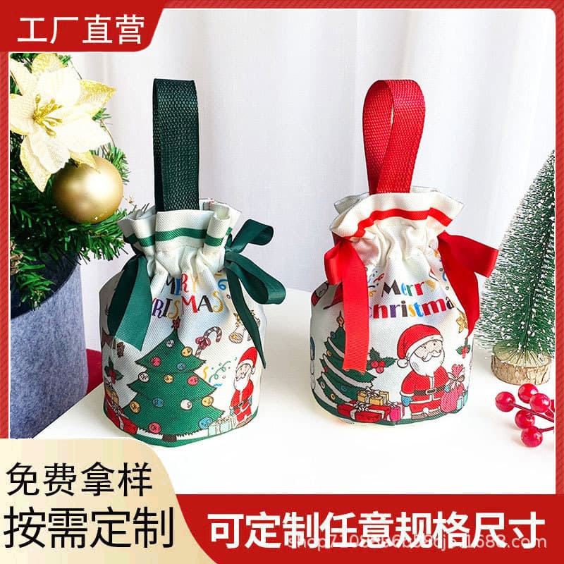 Christmas canvas gift bag, candy gift drawstring packaging bag, logo printing available, invoices provided, luxury style.