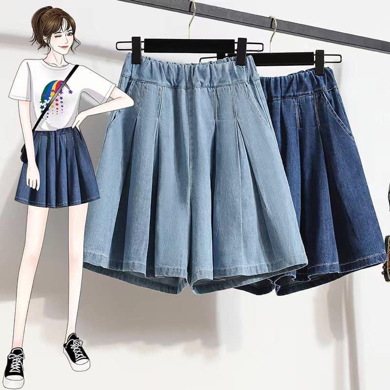 Ice silk denim shorts for women in summer thin elastic high-waist pants skirts plus size fat MM loose and slim Tencel five-point pants