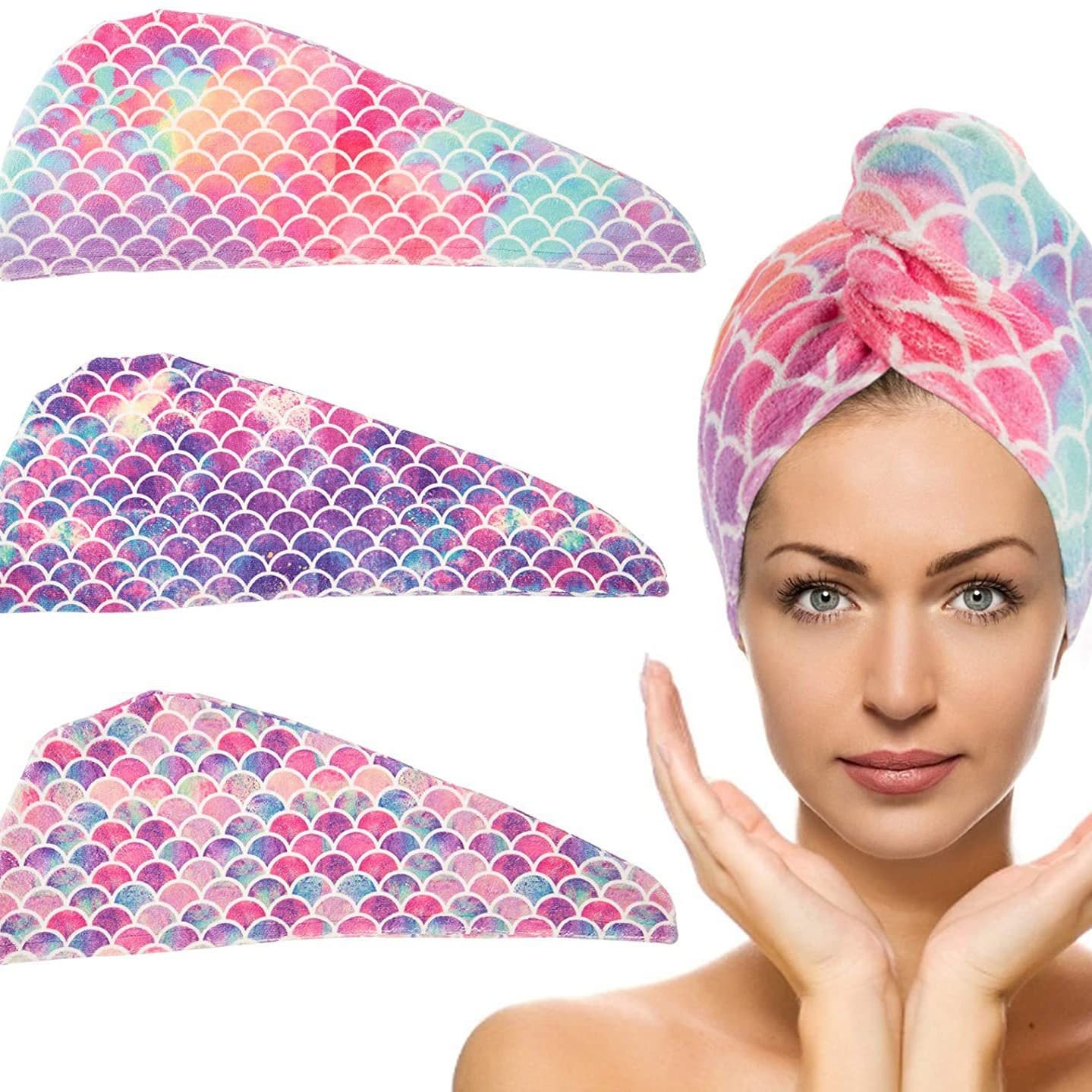 Mermaid Dry Hair Cap Fiber Quick-Dry Towel Mermaid Wrap Amazon Fish Scale Print Hair Care Bath Cap for Women