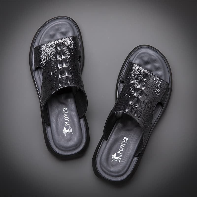 Men's Genuine Leather Slip-On Summer Casual Beach Sandals Two-Way Wear Outdoor Fashionable Breathable Open-Toe Flip Flops