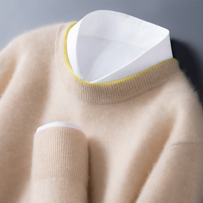 Autumn and Winter New 100% Pure Wool Knitwear Men's Round Neck Color Block Base Layer Knitwear Loose Casual Business Cashmere Knitwear