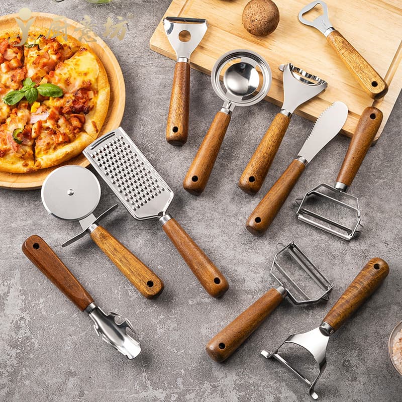 Acacia Wood Kitchen Tool Set Stainless Steel Peeler Cheese Grater Pizza Cutter Combo Baking Tools