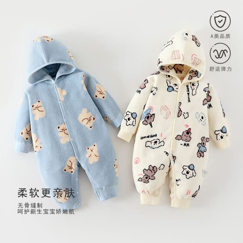 Baby Winter Fleece-Lined Hooded Romper, Reversible Newborn Coat with Seamless Design