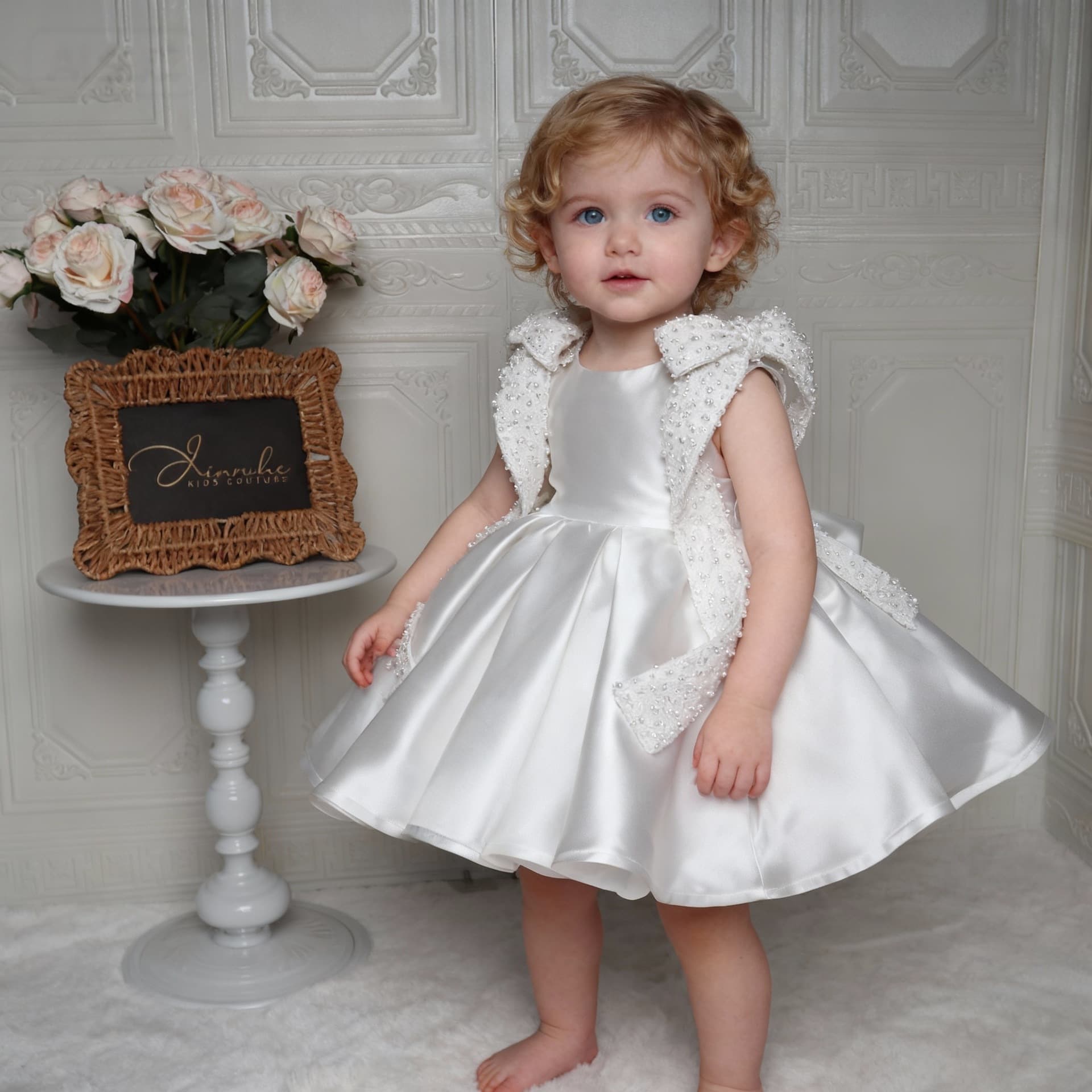 White Pearl Embellished Children's Dress Girls Satin Tutu Skirt Birthday Party Princess Dress Premium Light Luxury Style