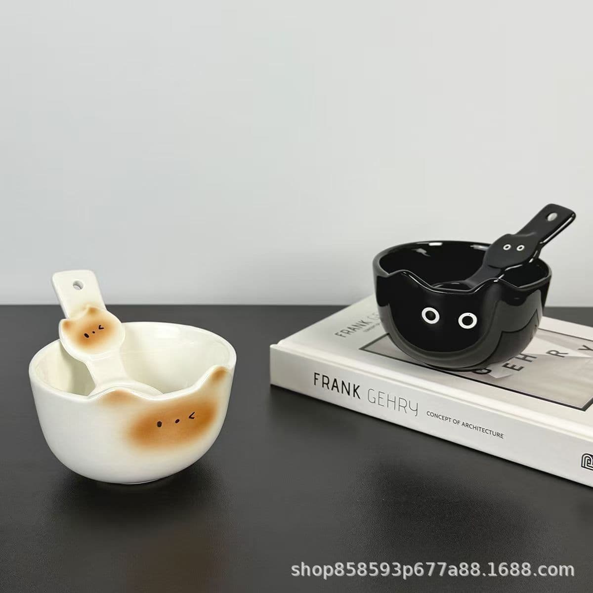 Siamese cat creative ceramic rice bowl spoon set student children small bowl with spoon couple tableware dessert cereal bowl