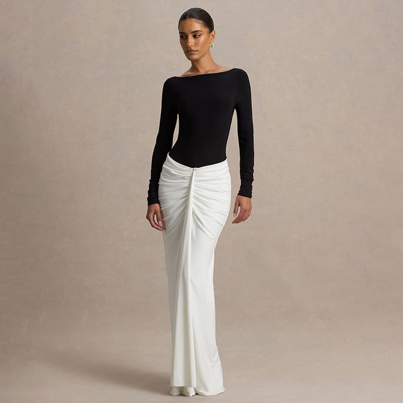 J25DS305 European and American Women's Fall/Winter New Arrival Amazon Style Contrast Color Boat Neck Backless Bodycon Pleated Long Dress