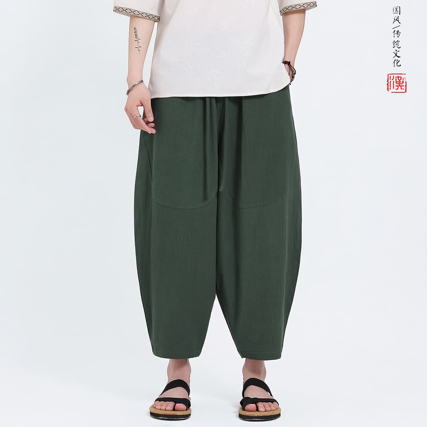 2026 Summer Chinese Style Men's Cotton Linen Loose Wide-Leg Pants Japanese Style Plus Size Loose Carrot Lantern Pants Casual Pants