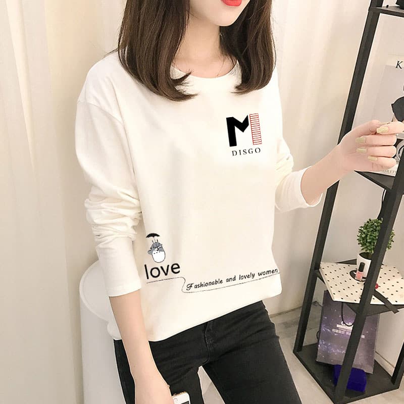 Women's Long Sleeve T-Shirt Cartoon Base Shirt Korean Style Pure Color Trendy Autumn Fashion Round Neck Loose Fit Commute Style