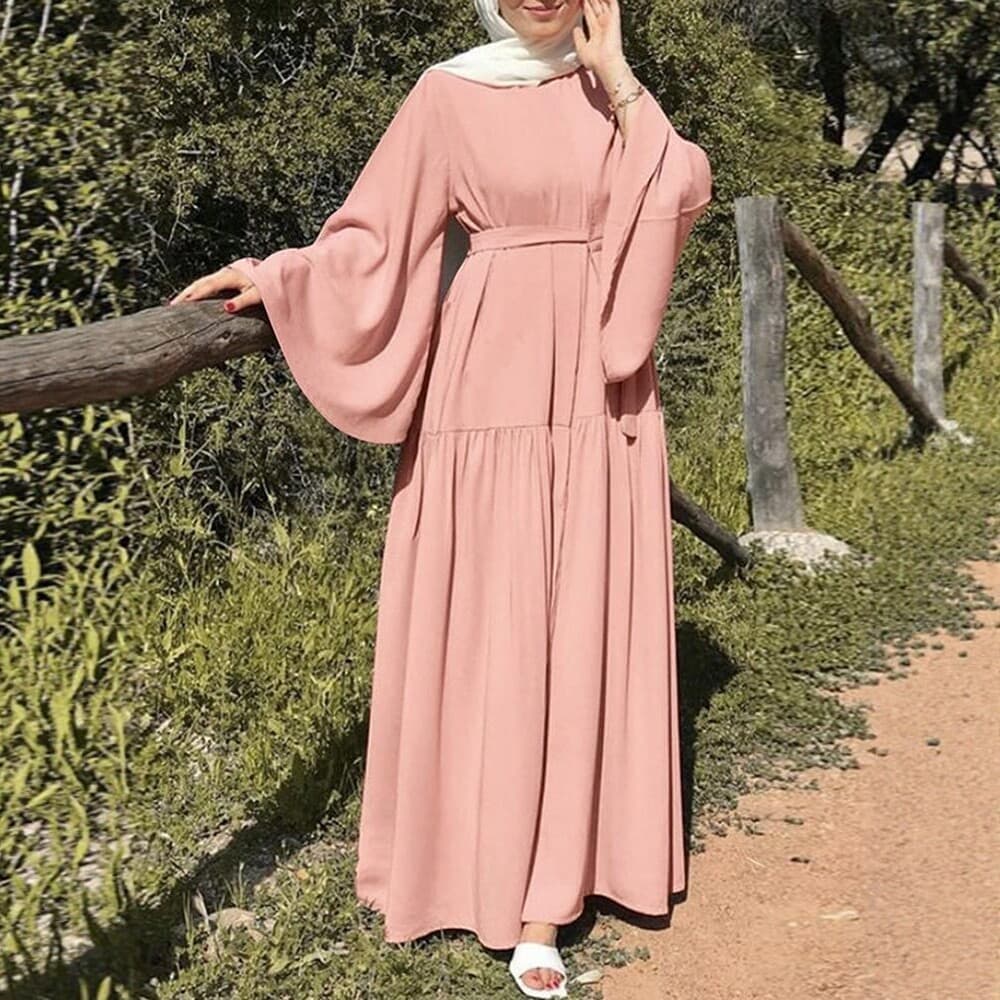 Cross-Border New European and American Style Bell-Sleeve Solid Color Long Dress for Women, Loose-Fitting, Casual Vacation Style, Long-Sleeved