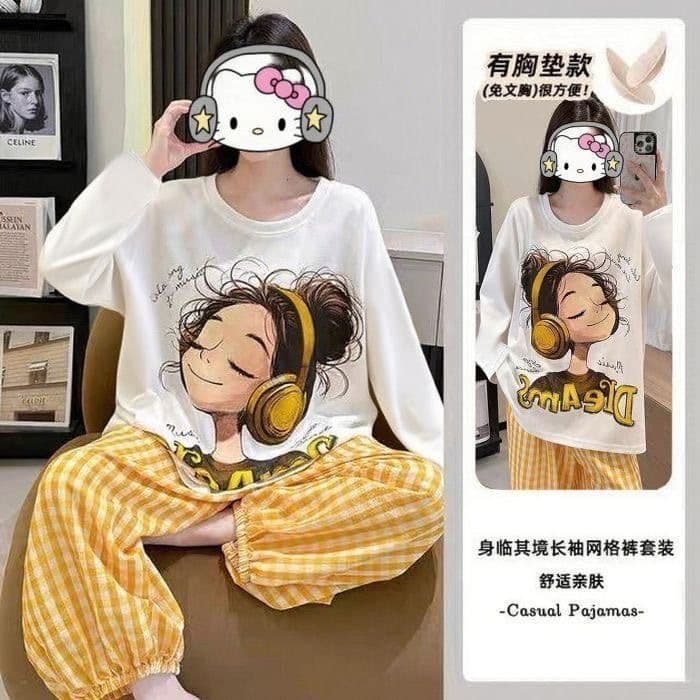 Includes Breast Pads, Cloud Cotton Pajamas for Women, Spring and Autumn Cute Student Style, Sweet Long-Sleeved Pants, Homewear Suit for Outer Wear