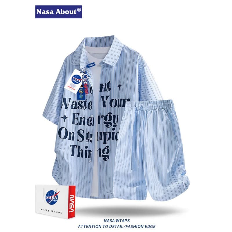 Men's Set Letter Print Striped Short Sleeve Shirt Set Summer Ice Silk Shirt and Shorts Two-Piece Set