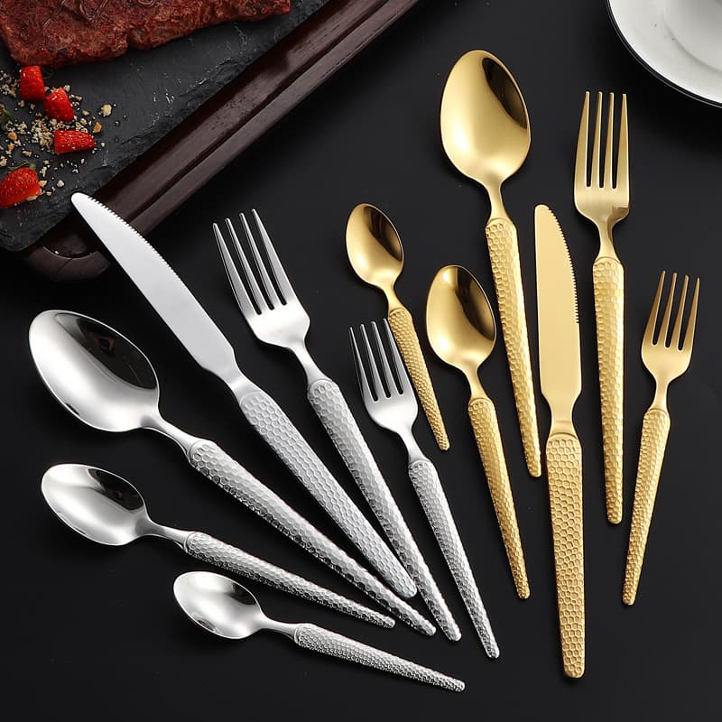 Stainless Steel Cutlery Titanium-Plated Middle Eastern Cutlery Pointed Tail Hammered Texture Western Knife Fork Spoon 4-Piece Set Cross-Border E-commerce Cutlery