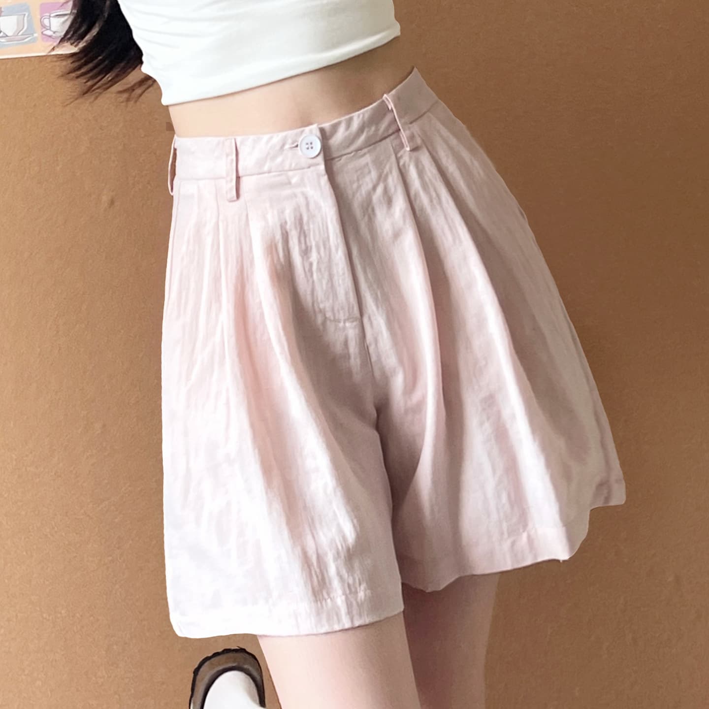Summer Lightweight Petite Pink Suit Shorts for Women 2026 New High Waist Slimming A-Line Casual Wide-Leg Pants