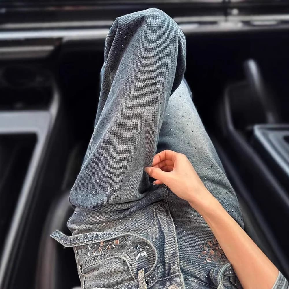 Buling Rhinestone Wide-Leg Jeans for Women 2025 Summer Thin Style Petite Flattering Design Loose Straight-Leg Pants