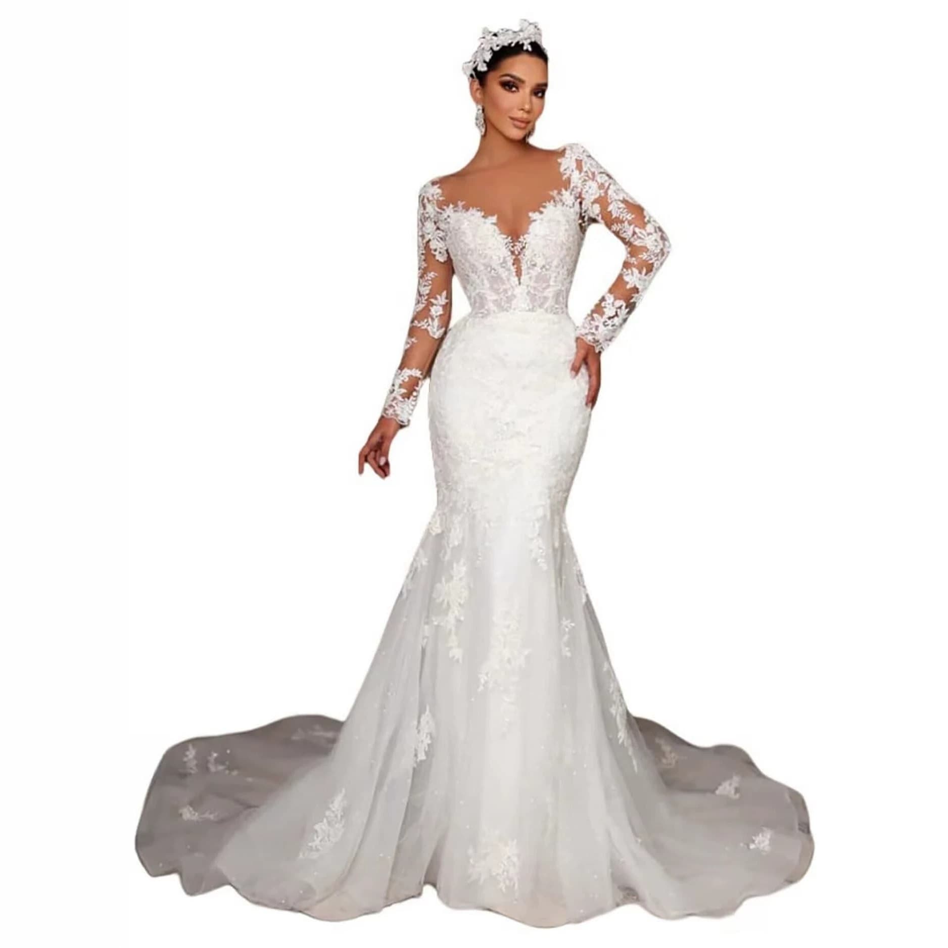 European and American style long-sleeved lace wedding dress, sexy deep V-neck waisted fishtail skirt, trailing slimming bride wedding ceremony veil